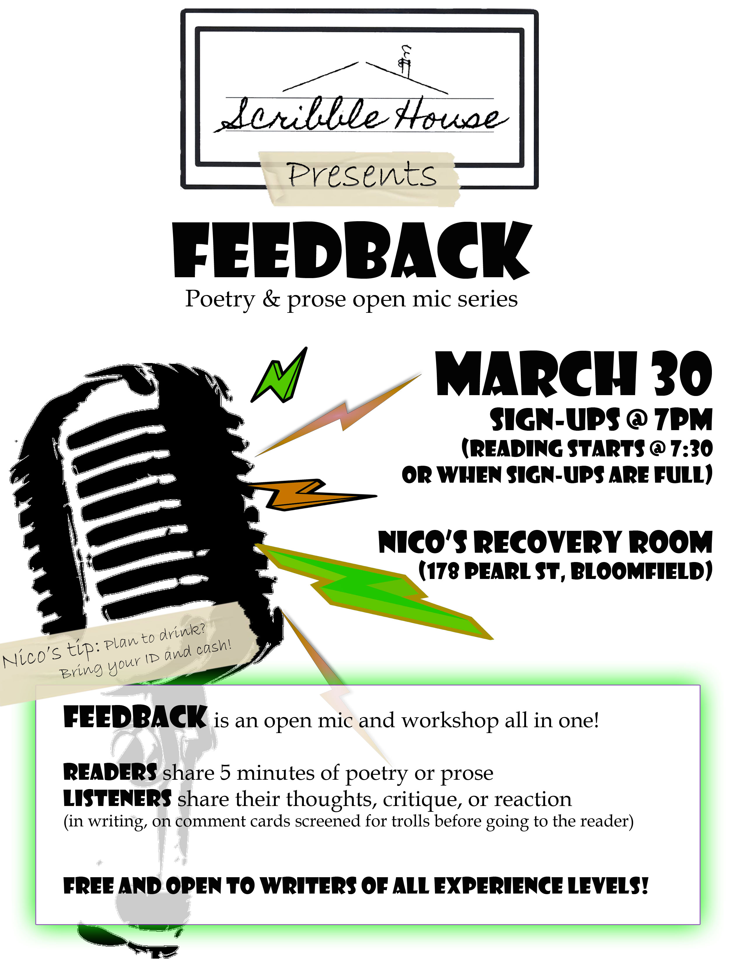 Feedback Open Mic on March 30, sign-ups starting at 7pm, reading starts at 7:30