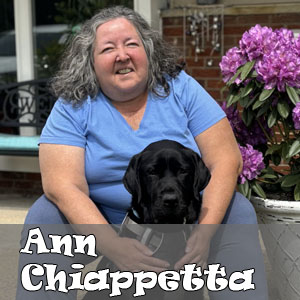 Ann Chiappetta with her guide dog, Iowa